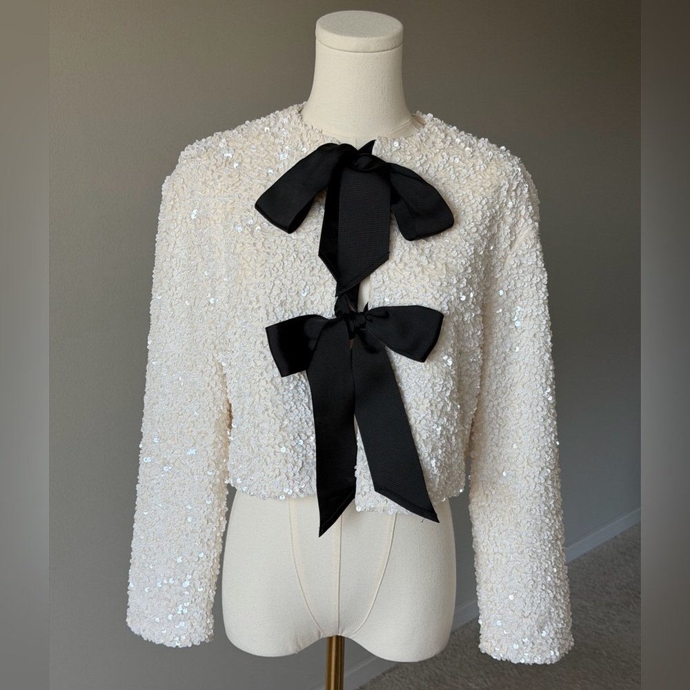H&M Ivory Sparkling Sequin Tie Front Jacket with Black Bows-S - Picture 2 of 16
